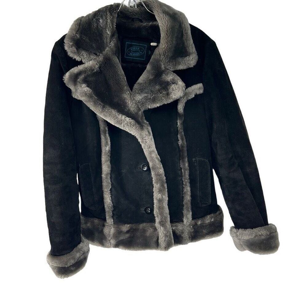 Vtg 90s Steve Madden Leather Bomber Jacket Faux Fur Lined Coat Black Women’s